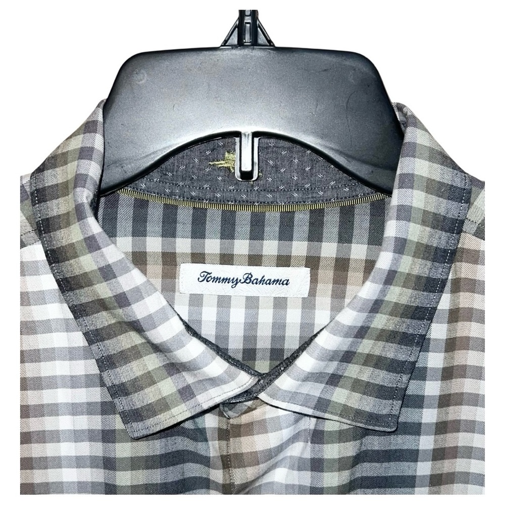 Tommy Bahama Shirt Men’s Size XLT Grey Green White Checks Button Front - Picture 3 of 6